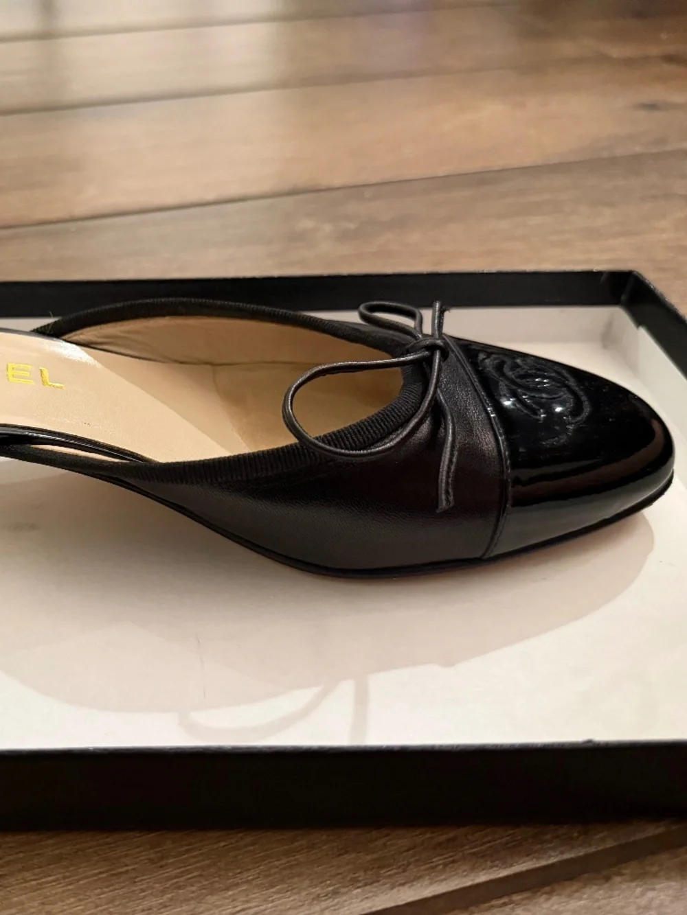 Vintage Chanel Black Leather & Patent Cap Toe CC Bow Kitten Heel Mules